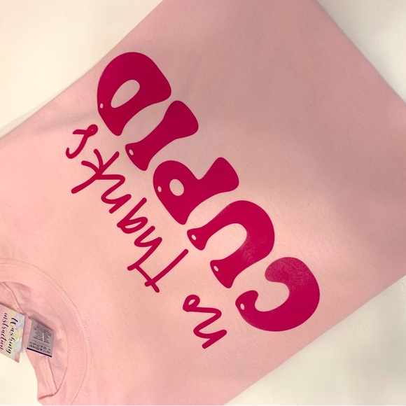 No Thanks Cupid Pink Valentines Short Sleeve Unisex T-Shirt - Picture 3 of 4